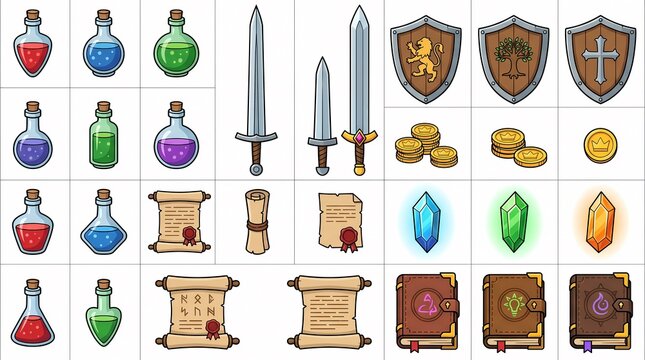冒険者の装備と魔法のアイテムセット（RPG・ファンタジー・ゲーム素材・武器）