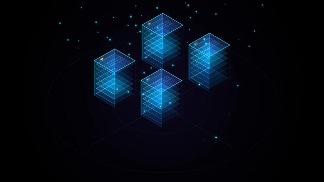 Four Glowing Digital Server Towers Representing Cloud Data Center Network Connectivity and Computing