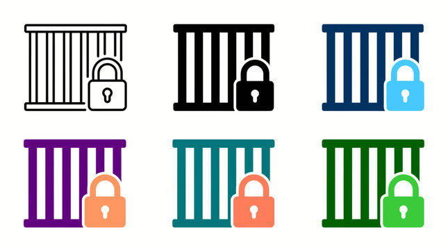 Locked prison bars icon set with security protection restricted prohibited illustration pictogram collection