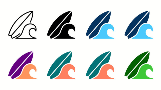 Surfing surfboard and ocean wave icon set with surfboard adventure illustration collection equipment recreation