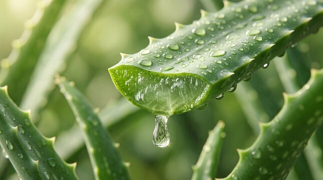 Fresh cut aloe vera leaf with dripping gel in a natural garden setting