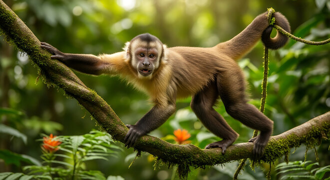 Brown monkey sitting on green leaves