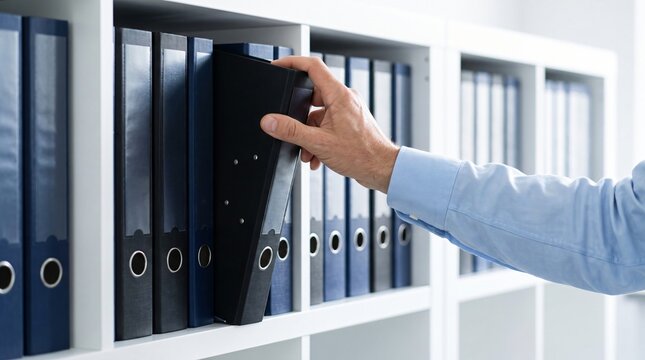 Person hand pulling a blue binder from a white office shelf for document retrieval