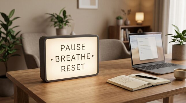 Minimalist wooden desk setup featuring illuminated pause-breath-reset sign next to laptop for remote work productivity