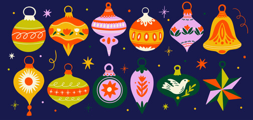 Obraz premium Collection of beautiful ornament winter holiday decorations for Christmas tree vector cartoon groovy funky illustration, retro Xmas baubles stickers set, hanging toys design elements