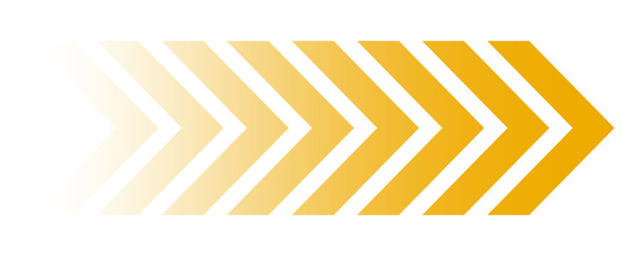Transparent gradient yellow arrow with fade effect, directional movement, pointing right arrow, acceleration motion symbol