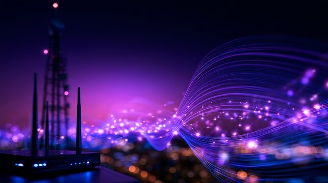 Wi-Fi Router with Glowing Wireless Network Signals