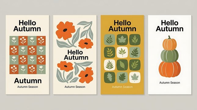 Four vertical social media templates with autumn botanical themes and minimal flat vector illustrations of flowers leaves with leaves stacked pumpkins