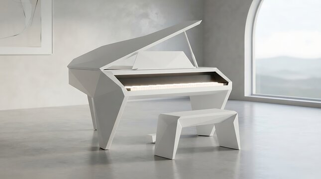 Modern white geometric grand piano standing inside a minimalist bright studio