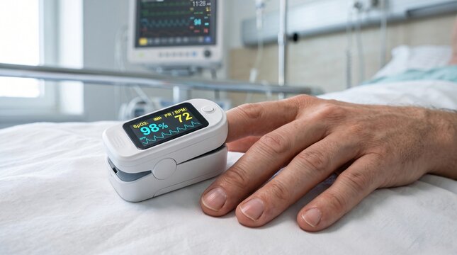 Patient hand with pulse oximeter measuring oxygen levels in hospital bed