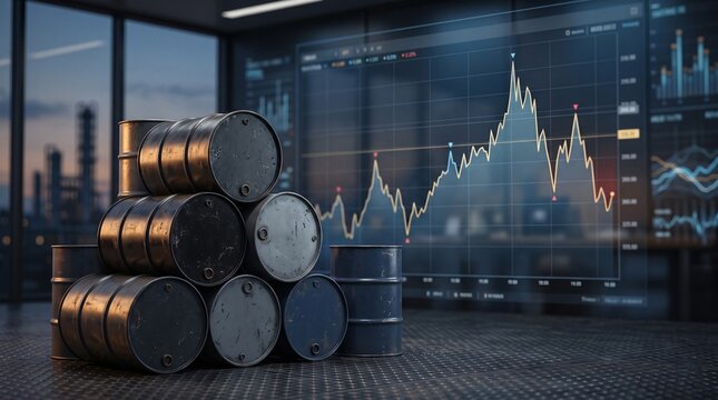 Stacked oil barrels in front of a digital financial market data chart