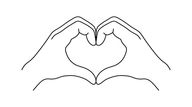 Outline drawing of two human hands forming a heart shape isolated on white background with positioned together create shape simple black