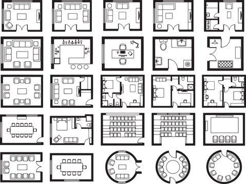 A collection of floor plans for various rooms and buildings, showcasing different layouts and furniture arrangements in a clear, technical drawing style.
