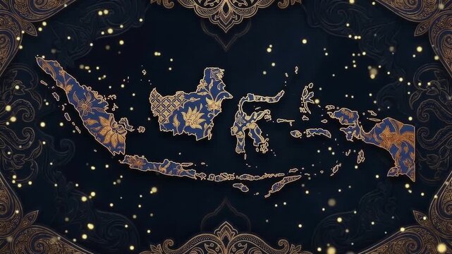 Indonesian Archipelago Map with Luxurious Gold Batik Pattern