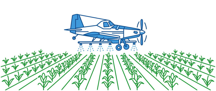 Crop duster plane spraying agricultural field with pesticides