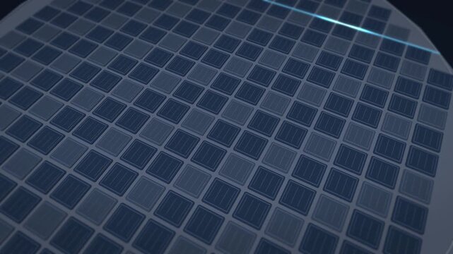 A camera pulls away from rectangular semiconductor dies to reveal a circular silicon wafer while a thin blue inspection line traverses the reflective surface in a fifteen second animation.