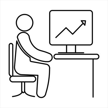 Stick figure person working on computer with growth chart icon