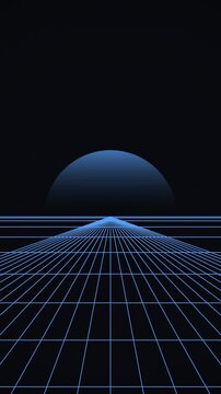 Retro Futuristic 80s Style Cyber Grid Landscape With Blue Glowing Sun and Horizon Animation
