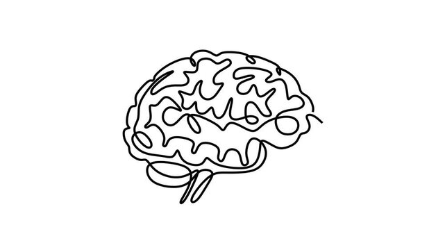 Animated self drawing of continuous line draw of Abstract Brain.  Full length one line animation. 4K		
