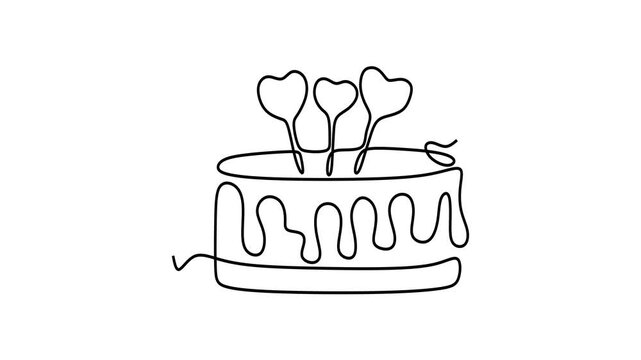 Animated self drawing of continuous line draw of   tiered wedding cake topped with a heart. Full length one line animation. 4K	