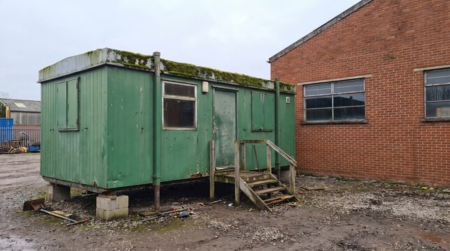 Weathered Portable Site Cabin With Moss On Its Flat Roof as Temporary Made Permanent Metaphor