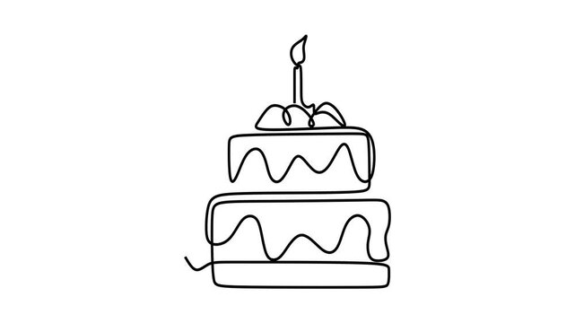 Animated self drawing of continuous line draw of birthday cake with candles.  Full length one line animation. 4K	