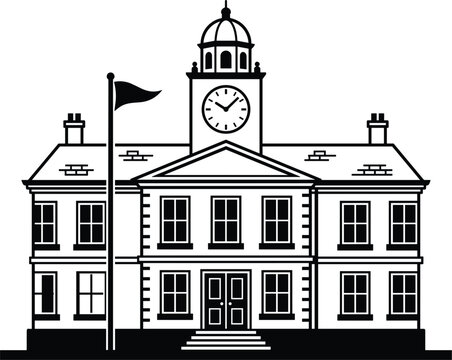 Classic courthouse building vector illustration with a prominent clock tower flagpole and traditional symmetric architecture facade