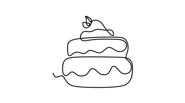 Animated self drawing of continuous line draw of  Cake with Strawberry Topping. Full length one line animation. 4K	