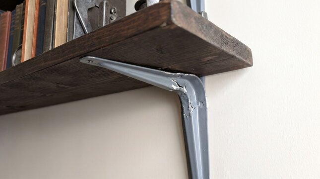 Extreme Close-Up Of A Steel Shelf Bracket Bending Under Load as Breaking Point Metaphor