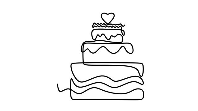 Animated self drawing of continuous line draw of   tiered wedding cake topped with a heart. Full length one line animation. 4K	