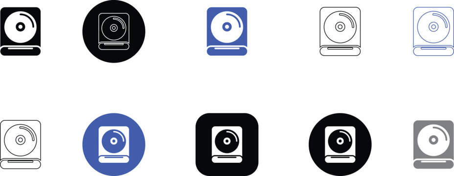 Compact disc drive icon set for computer and media applications.