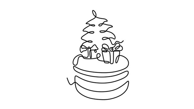 Animated self drawing of continuous line draw of Cake with Christmas Tree and Gifts.  Full length one line animation. 4K	