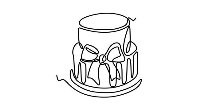 Animated self drawing of continuous line draw of Line Art Cake with Bow. Full length one line animation. 4K	