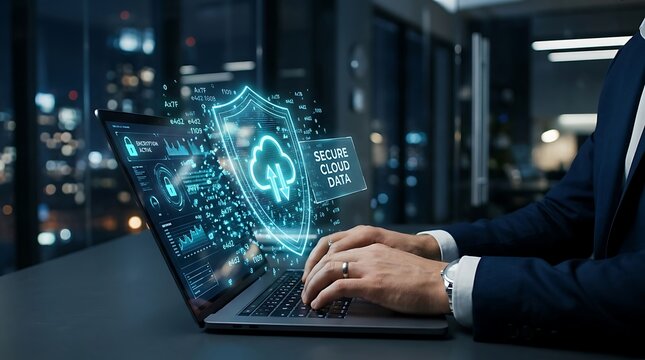 A futuristic depiction of data analysis and cybersecurity blending technology with modern business concepts, JPEG