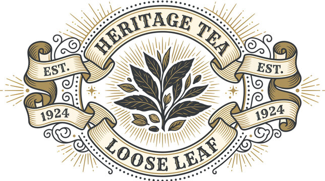 Vintage style tea logo with leaves and ornate ribbons.