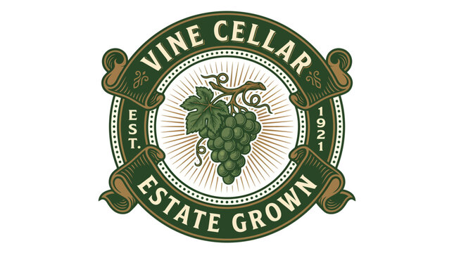 Vintage style Vine Cellar estate grown wine emblem logo design.