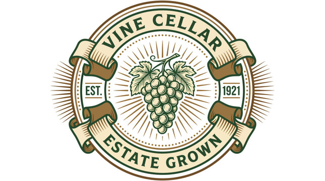 Vintage style wine cellar logo with grape cluster and ribbon.
