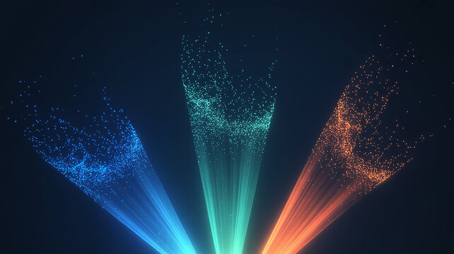 Three beams of glowing particles in blue green and orange