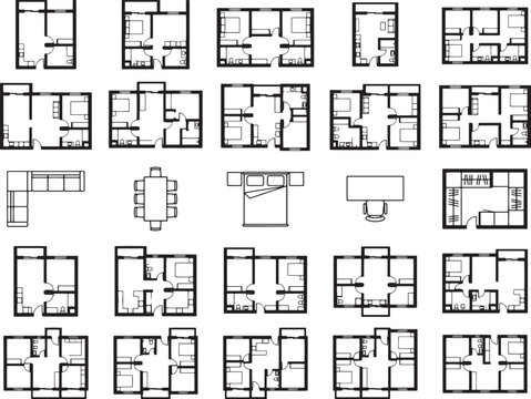 A collection of blueprint floor plans showcase various apartment layouts and furniture arrangements.