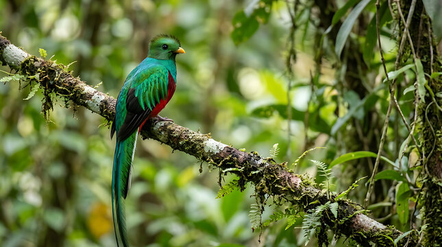 Stunning male Resplendent Quetzal bird with long tail feathers perched on a mossy branch in a lush tropical cloud forest with vibrant green foliage transparent