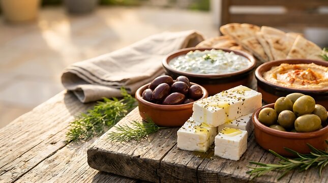 Fresh greek feta cheese with black olives and hummus served on a rustic wooden table for a healthy meal. Greek appetizer platter