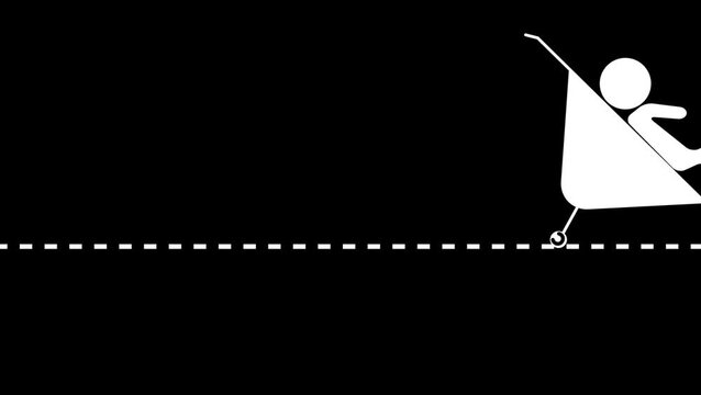 A minimalist black silhouette illustration of a person pushing a large triangular object along a dashed line ,symbolizing effort.