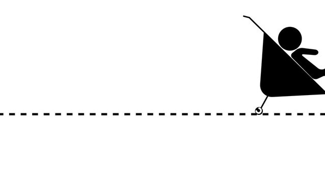 A minimalist black silhouette illustration of a person pushing a large triangular object along a dashed line ,symbolizing effort.