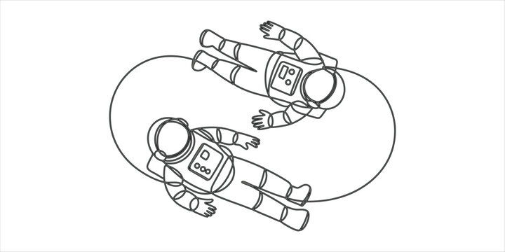 Two astronauts floating in space connected by a tether line simple line art drawing
