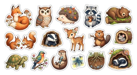 Obraz premium Cute hand-drawn woodland animals and forest elements sticker set isolated on white background. Doodle style.