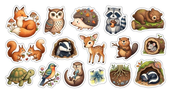 Cute hand-drawn woodland animals and forest elements sticker set isolated on white background. Doodle style.