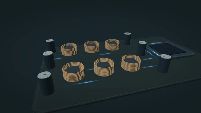 A tracking camera crosses copper inductors and cylindrical capacitors toward a processor as blue activity travels along the power delivery routes in a fifteen second animation.