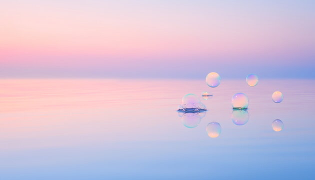 淡いピンクと水色の空に透明なシャボン玉が浮かぶ背景
