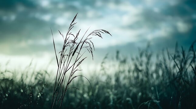Tall grass stalks stand in a field against a cloudy sky during the early morning with illuminating stems surrounding soft light illuminating