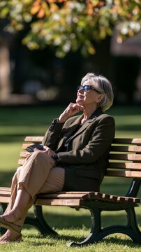 Senior woman enjoying sunlight relaxing on park bench